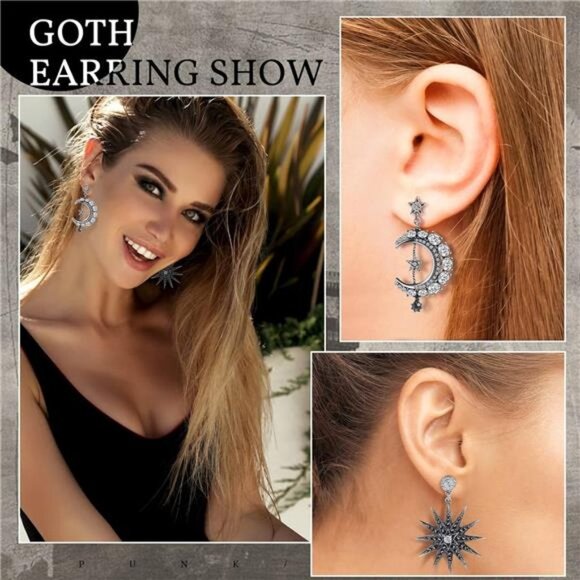 2 Pairs Silver Crescent Moon Star Statement Earrings Gothic Boho Dangle Earrings - Picture 5 of 5